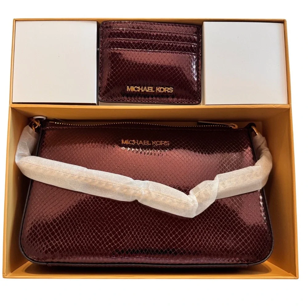 Michael Kors Oxblood Metallic Snakeskin‎ Crossbody Bag and Card Holder Gift Set